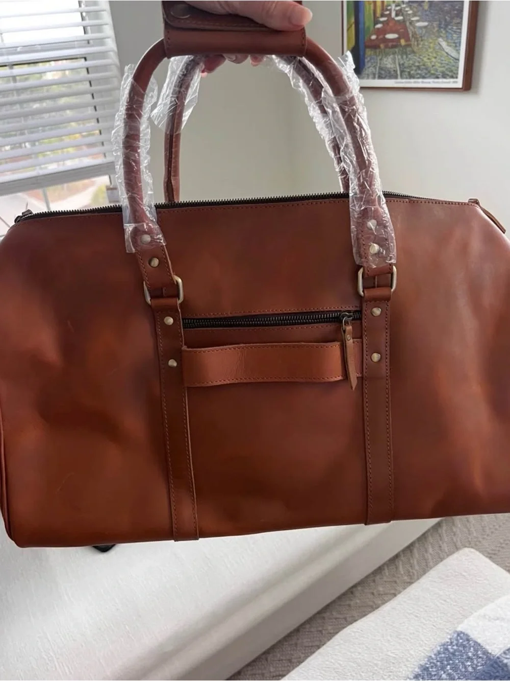 Men's Leather Travel Duffel Bag - Tan
